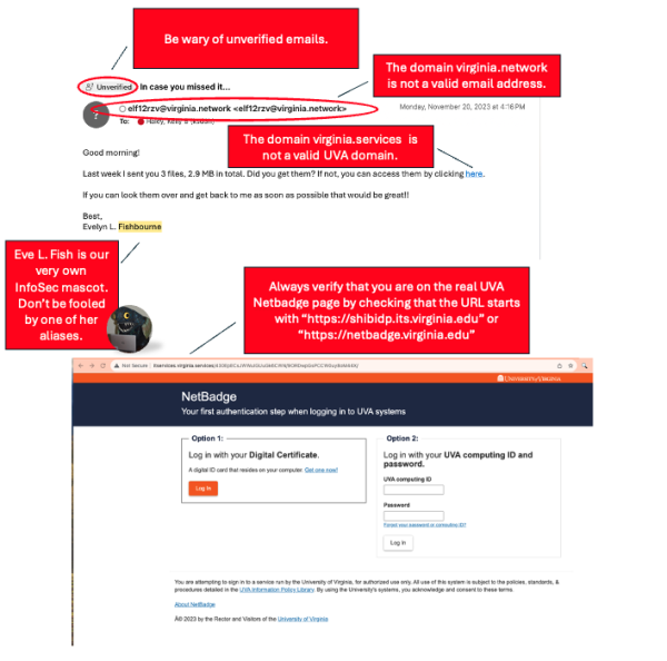 This image shows how you can the simulated phishing email is fake. The domain virginia.network is not a valid email domain. UVA emails should have virginia.edu email domains.  In the web address the domain is virginia.services which is also not a UVA domain.  Most domains will be virginia.edu with the exception of some applications such as workday.com and litmos.com. Always verify that you are on the real UVA NetBadge page by checking that the URL ends with virginia.edu